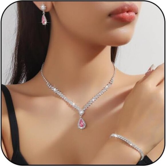 Jewelry - Silver Jewelry Set Prom Bridal Wedding Crystals Necklace Earrings Bracelet Women